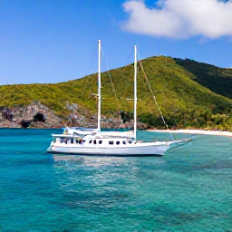 Caribbean Holidays, Grenada Luxury Holidays, A luxury sailing boat near Grenada&rsquo;s coastline with clear water, lush green hills and a bright Caribbean sky