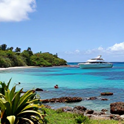 Caribbean Holidays, Grenada Luxury Holidays, A luxury yacht cruising along Grenada&rsquo;s green coastline, with snorkellers near a quiet bay and bright Caribbean sunlight