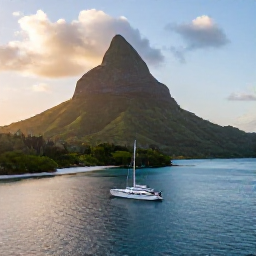 Caribbean Holidays, Grenada Luxury Holidays, A private sailing yacht cruising along Grenada&rsquo;s green coastline at sunset, with calm blue water, secluded coves and dramatic tropical hills