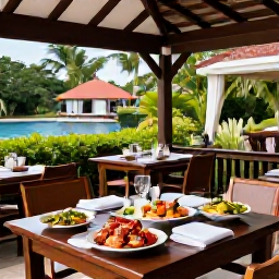 Caribbean Holidays, Grenada Luxury Holidays, A refined Caribbean restaurant in Grenada serving fresh seafood and colourful local dishes on an open-air terrace surrounded by tropical greenery
