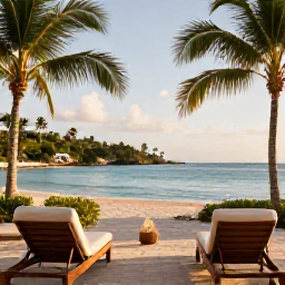 Caribbean Holidays, Grenada Luxury Holidays, A stylish luxury resort overlooking a calm turquoise bay in Grenada, with palm trees, elegant sun loungers and warm August sunshine