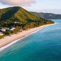 Caribbean Holidays, Grenada Luxury Holidays, Aerial view of Grenada's turquoise Caribbean coastline, secluded beaches and lush green hills in warm morning light