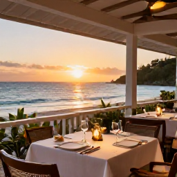 Caribbean Holidays, Grenada Luxury Holidays, An elegant beachfront restaurant in Grenada serving a refined Caribbean dinner with sunset sea views