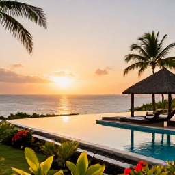 Caribbean Holidays, Grenada Luxury Holidays, An elegant Grenada resort at sunset with an infinity pool, tropical gardens and warm golden light over the sea