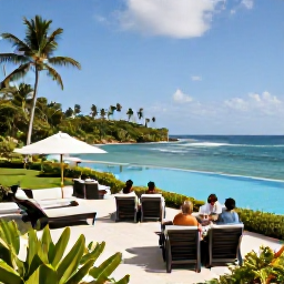 Caribbean Holidays, Grenada Luxury Holidays, An elegant luxury hotel terrace overlooking Grand Anse Beach, with an infinity pool, tropical gardens and guests enjoying a peaceful Caribbean afternoon