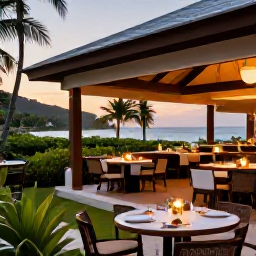 Caribbean Holidays, Grenada Luxury Holidays, An elegant open-air restaurant at a Grenada luxury resort, serving fresh Caribbean food at sunset with tropical greenery and soft evening lighting