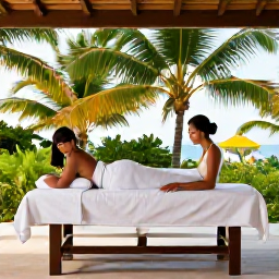 Caribbean Holidays, Grenada Luxury Holidays, Couple enjoying a quiet luxury spa treatment in a tropical Grenada resort, open-air setting with palm trees and gentle natural light
