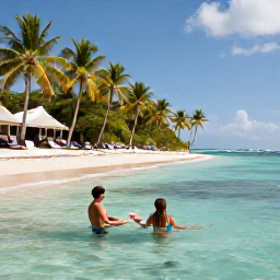 Caribbean Holidays, Grenada Luxury Holidays, Couple relaxing on Grand Anse Beach in Grenada, with clear shallow water, palm trees and a quiet luxury Caribbean atmosphere
