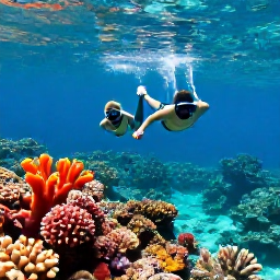 Caribbean Holidays, Grenada Luxury Holidays, Couple snorkelling over a colourful coral reef in clear Caribbean water near Grenada