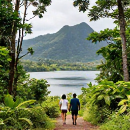 Caribbean Holidays, Grenada Luxury Holidays, Couple walking through Grand Etang National Park in Grenada, lush rainforest, mountain lake and soft March daylight
