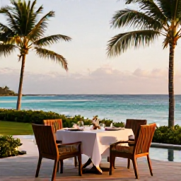Caribbean Holidays, Grenada Luxury Holidays, Elegant beachfront resort in Grenada at golden hour, calm turquoise sea, palm trees and refined outdoor dining