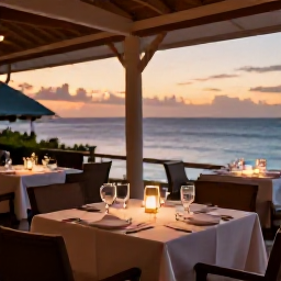 Caribbean Holidays, Grenada Luxury Holidays, Elegant beachfront restaurant in Grenada at sunset, neatly set tables, soft lighting and views across the Caribbean Sea