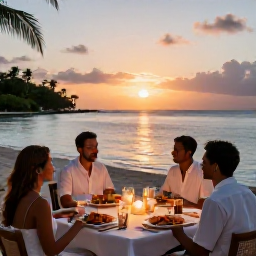 Caribbean Holidays, Grenada Luxury Holidays, Elegant Caribbean dinner overlooking the sea in Grenada, with local seafood, candles and a relaxed sunset setting