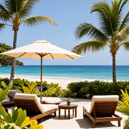 Caribbean Holidays, Grenada Luxury Holidays, Elegant Grenada resort terrace overlooking Grand Anse Beach, comfortable loungers, tropical gardens and ocean view