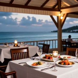 Caribbean Holidays, Grenada Luxury Holidays, Elegant Grenadian restaurant overlooking the sea, serving fresh seafood and local dishes at dusk