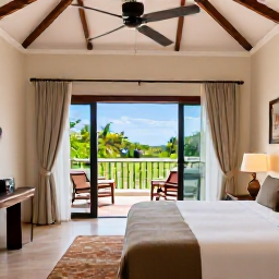 Caribbean Holidays, Grenada Luxury Holidays, Elegant luxury hotel suite in Grenada with spacious balcony, tropical garden views and refined Caribbean decor