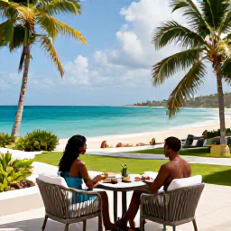 Caribbean Holidays, Grenada Luxury Holidays, Elegant luxury hotel terrace overlooking Grand Anse Beach, Grenada, with tropical gardens, sea views and guests enjoying a peaceful afternoon