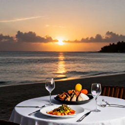 Caribbean Holidays, Grenada Luxury Holidays, Gourmet Caribbean dinner at a luxury seaside restaurant in Grenada, sunset view, fresh seafood and elegant table setting