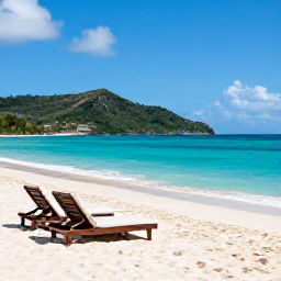 Caribbean Holidays, Grenada Luxury Holidays, Grand Anse Beach in Grenada on a sunny August day, with soft white sand, turquoise water, elegant beach loungers and lush hills in the distance
