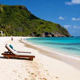 Caribbean Holidays, Grenada Luxury Holidays, Grand Anse Beach in Grenada with soft white sand, clear blue water, luxury sun loungers and lush green hills