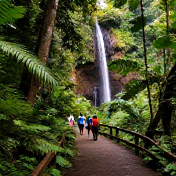 Caribbean Holidays, Grenada Luxury Holidays, Lush Grenadian rainforest with a waterfall, walking trail and visitors exploring the island's natural scenery
