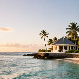 Caribbean Holidays, Grenada Luxury Holidays, Luxury beachfront resort in Grenada at sunrise, calm turquoise sea, palm trees and elegant suites