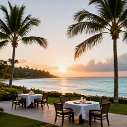 Caribbean Holidays, Grenada Luxury Holidays, Luxury beachfront resort in Grenada at sunset, with palm trees, calm turquoise sea and elegant outdoor dining