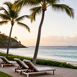 Caribbean Holidays, Grenada Luxury Holidays, Luxury beachfront resort in Grenada in March, calm turquoise sea, palm trees, elegant sun loungers and warm Caribbean sunshine