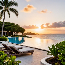 Caribbean Holidays, Grenada Luxury Holidays, Luxury resort terrace overlooking Grand Anse Beach at sunset, with an infinity pool, loungers and tropical gardens