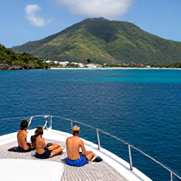 Caribbean Holidays, Grenada Luxury Holidays, Luxury yacht cruising beside Grenada&rsquo;s coastline, guests relaxing on deck, lush green hills and deep blue Caribbean water