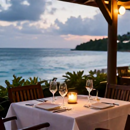 Caribbean Holidays, Grenada Luxury Holidays, Outdoor dining at an elegant Grenada restaurant overlooking the sea, candlelit table, fresh Caribbean cuisine