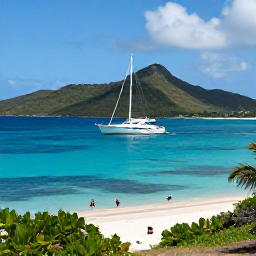 Caribbean Holidays, Grenada Luxury Holidays, Private sailing yacht cruising along Grenada&rsquo;s coastline in March, clear blue water, green hills and snorkellers near a quiet bay