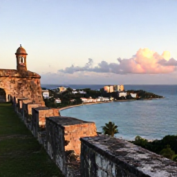 Caribbean Holidays, Grenada May Breaks, View from Fort George over St George&rsquo;s Grenada and the Caribbean Sea at sunset, historic stone walls in the foreground