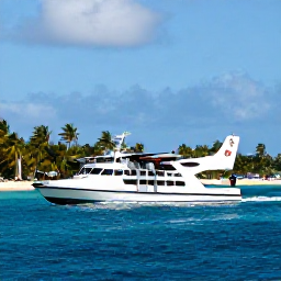Caribbean Holidays, Grenada Multi-Country, A stylish Caribbean ferry or small inter-island aircraft connecting Grenada with a neighbouring island, under clear tropical skies