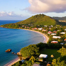 Caribbean Holidays, Grenada Multi-Country, Aerial view of Grenada&rsquo;s green coastline, turquoise Caribbean Sea, small beaches and colourful villages in warm morning light