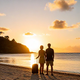 Caribbean Holidays, Grenada Multi-Country, Couple enjoying a sunset view over a tropical Caribbean bay, with luggage nearby and warm golden light