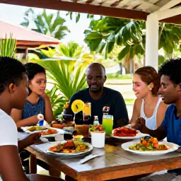 Caribbean Holidays, Grenada Multi-Country, Friendly travellers enjoying a shaded outdoor restaurant in Grenada, with colourful local dishes and tropical greenery around them