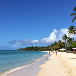 Caribbean Holidays, Grenada Multi-Country, Grand Anse Beach in Grenada on a sunny July day, with calm turquoise water, palm trees and visitors walking along the sand
