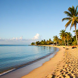 Caribbean Holidays, Grenada Multi-Country, Grand Anse Beach in Grenada on a sunny March morning, calm turquoise water, golden sand, palm trees and a few relaxed holidaymakers