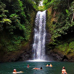 Caribbean Holidays, Grenada Multi-Country Holiday, A lush Grenada rainforest waterfall surrounded by tropical plants, with visitors swimming in a clear natural pool