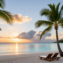 Caribbean Holidays, Grenada Multi-Country Holiday, A peaceful Grenada beach at sunset with calm turquoise water, palm trees and two loungers on pale sand