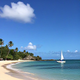 Caribbean Holidays, Grenada Multi-Country Holiday, A sunny Caribbean island coastline in Grenada during September, with turquoise water, palm trees and a small sailing boat