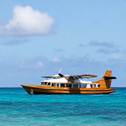 Caribbean Holidays, Grenada Multi-Country Holiday, A wooden Caribbean ferry or small aircraft connecting Grenada with another tropical island, with blue sea and scattered clouds