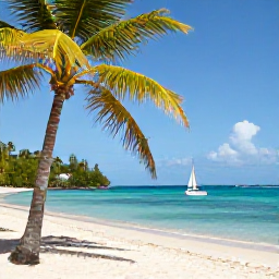 Caribbean Holidays, Grenada Multi-Country Holidays, A bright Caribbean beach in Grenada with calm turquoise water, palm trees and a small sailing boat, photographed in warm May sunshine