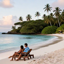 Caribbean Holidays, Grenada Multi-Country Holidays, A couple relaxing beside a Caribbean beach in June, with clear water, comfortable sun loungers, lush greenery and soft evening light