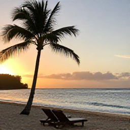 Caribbean Holidays, Grenada Multi-Country Holidays, A peaceful Grenadian beach at sunset with soft golden light, palm trees, gentle waves and two empty sun loungers