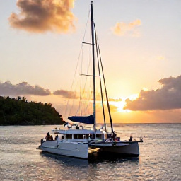 Caribbean Holidays, Grenada Multi-Country Holidays, A relaxed island-hopping scene in the Caribbean with a Grenadian catamaran, tropical coastline and travellers enjoying a sunset cruise