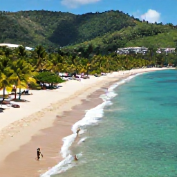 Caribbean Holidays, Grenada Multi-Country Holidays, Aerial view of Grand Anse Beach, Grenada, with swimmers, gentle waves, palm trees and lush tropical hills, realistic Caribbean holiday photograph