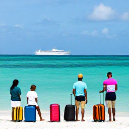 Caribbean Holidays, Grenada Multi-Country Holidays, Caribbean ferry and aircraft connections between tropical islands, with travellers carrying small suitcases and enjoying views of turquoise water