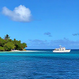 Caribbean Holidays, Grenada Multi-Country Holidays, Caribbean island-hopping scene with a small passenger boat, tropical islands and blue sea near Grenada